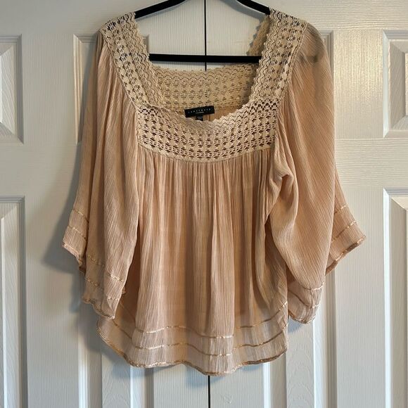 Sanctuary Women’s Beige Lace & Ribbon 3/4 Sleeves Flowy Blouse, Size L - Picture 1 of 7